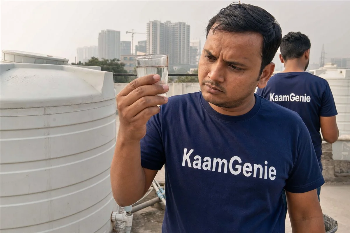 KaamGenie crew member in a navy shirt testing water clarity in a glass beside a freshly cleaned institutional water tank in Gurgaon