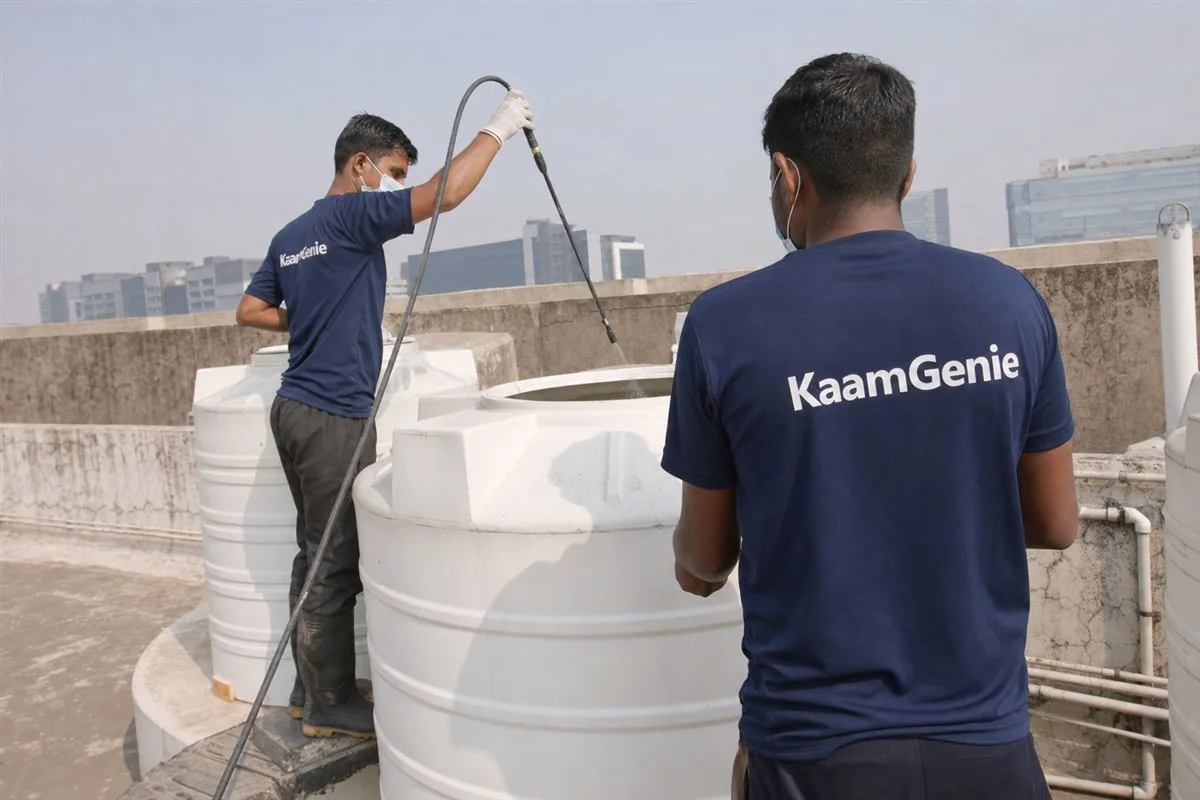 Two KaamGenie crew members in navy shirts disinfecting a large institutional rooftop water tank in Gurgaon