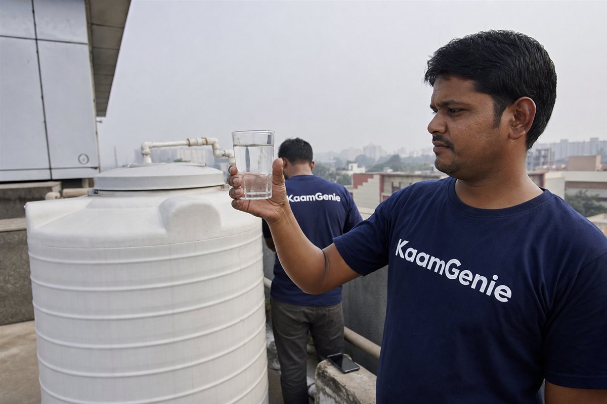 KaamGenie crew member testing water clarity in a glass beside a freshly cleaned institutional water tank in Noida