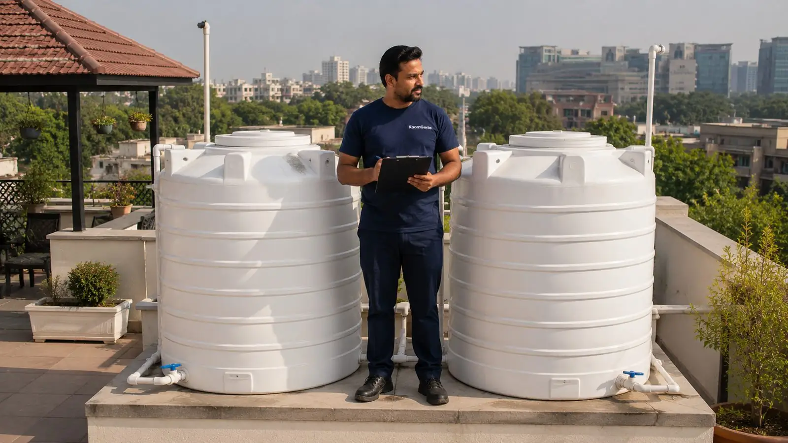 KaamGenie crew cleaning a water tank in IP Extension, East Delhi