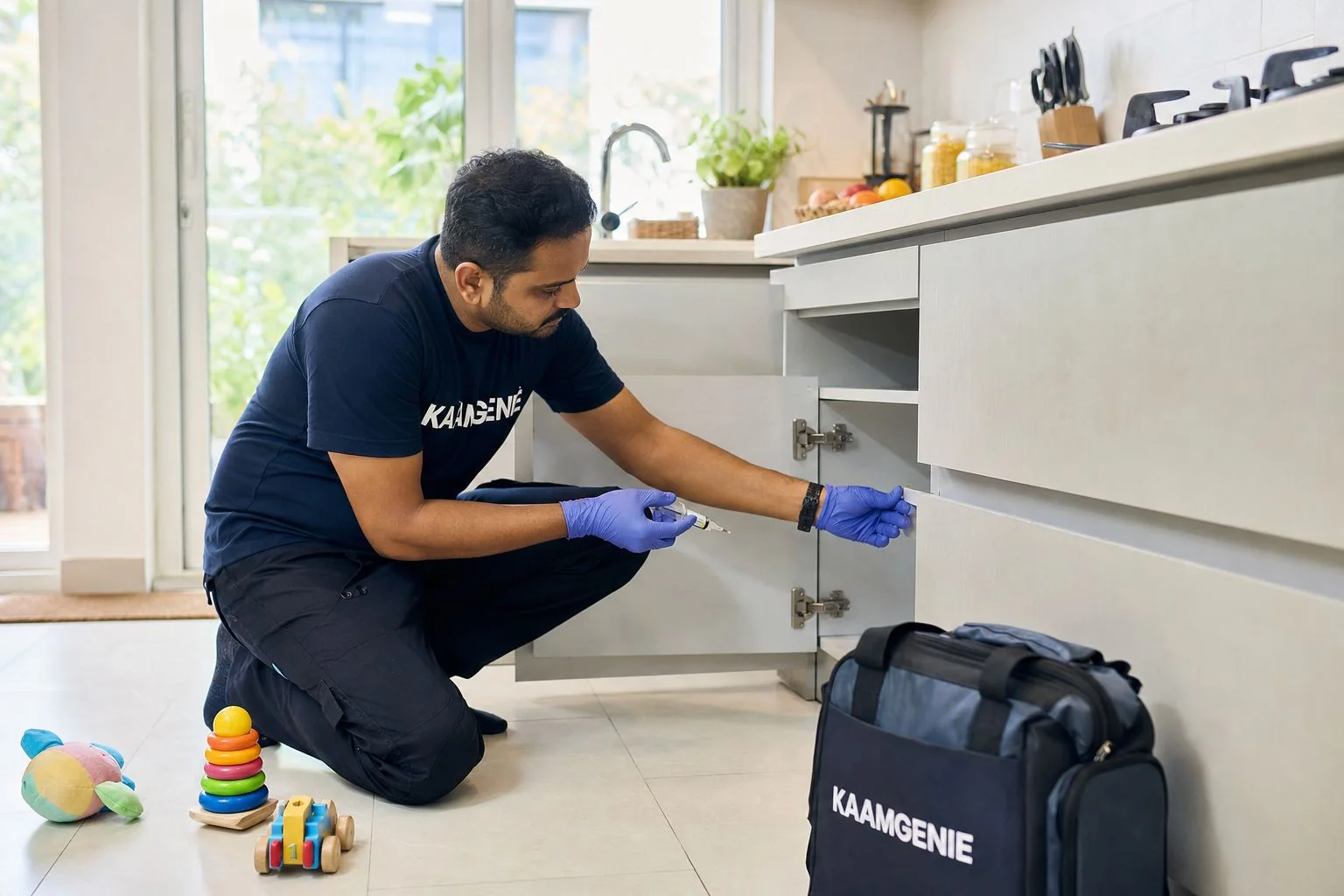A KaamGenie technician applying child- and pet-safe gel bait inside a concealed cabinet hinge in a Delhi kitchen, with baby toys visible nearby
