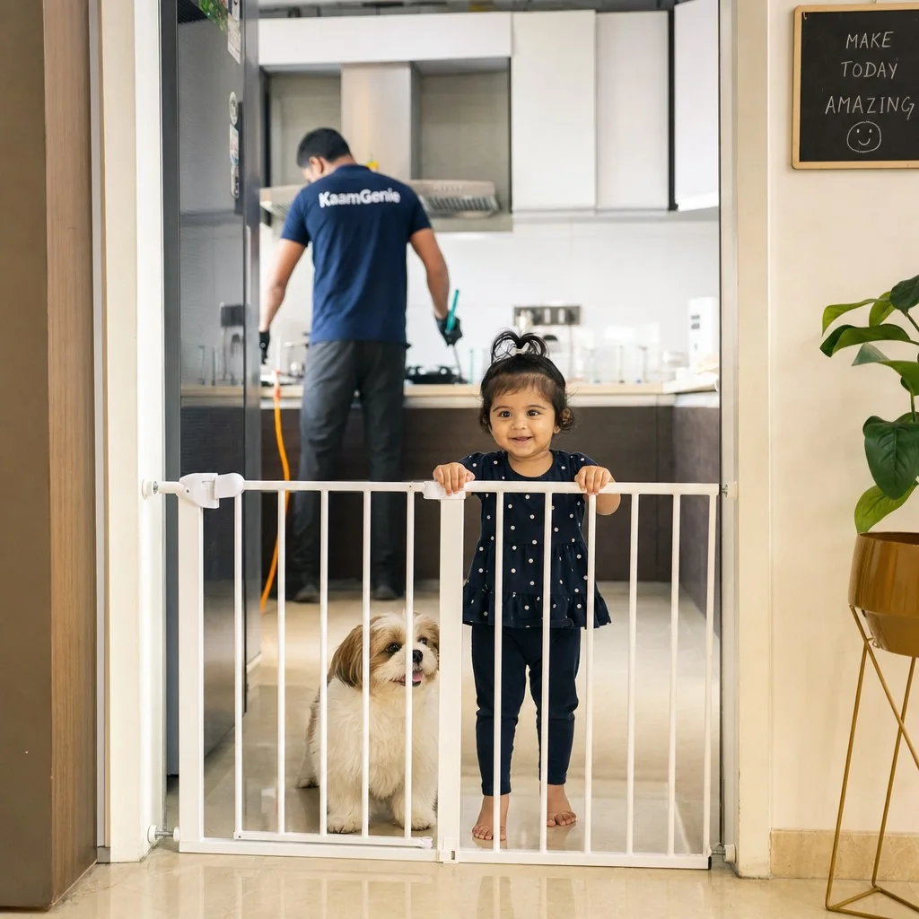 A toddler and a small dog kept safely in a separate room behind a baby gate while a KaamGenie technician applies gel bait in a Delhi kitchen