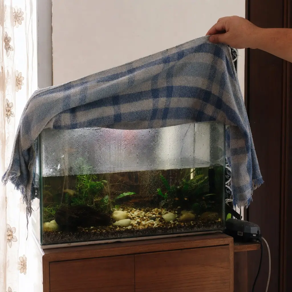 An aquarium being covered with a damp cloth and the air pump switched off before pest control treatment in a Delhi living room