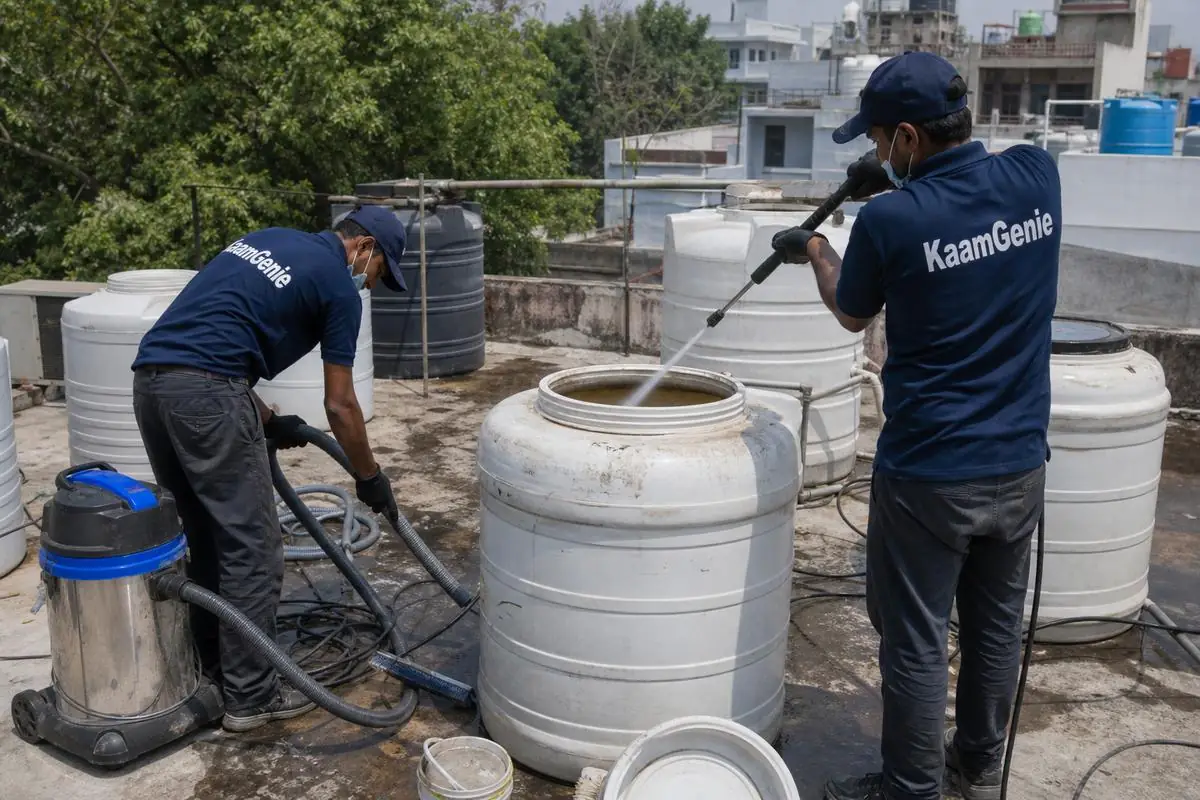 KaamGenie crew cleaning a water tank in Ishwar Nagar, Delhi