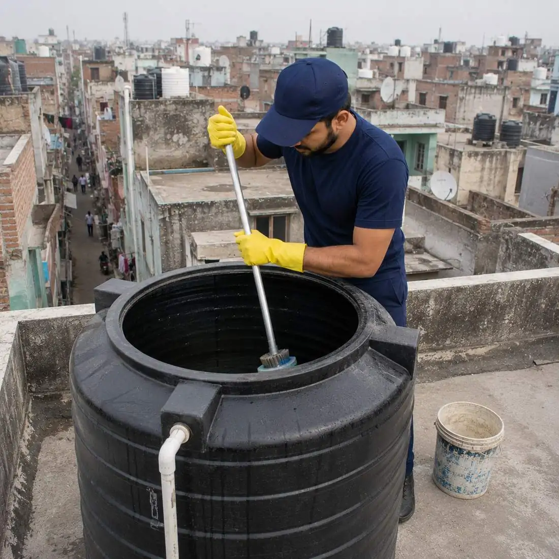 KaamGenie crew cleaning a water tank in Jafrabad, East Delhi