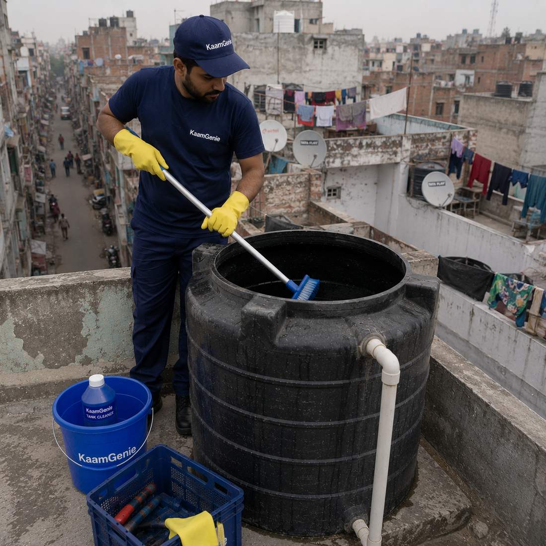 KaamGenie crew cleaning a water tank in Jahangir Puri, West Delhi