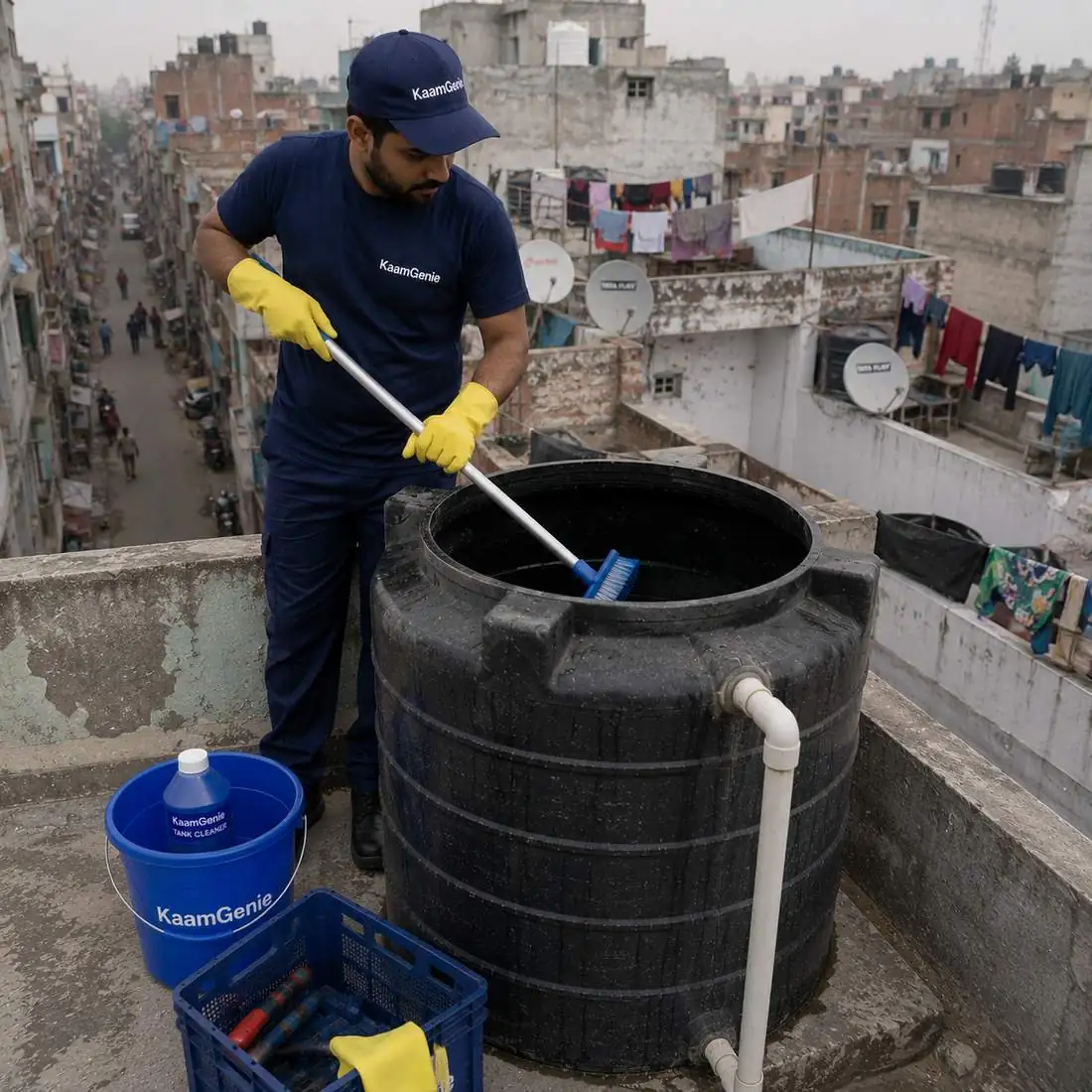 KaamGenie crew cleaning a water tank in Jahangir Puri, West Delhi