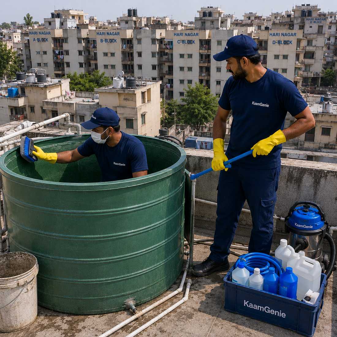 KaamGenie crew cleaning a water tank in Jail Road, West Delhi
