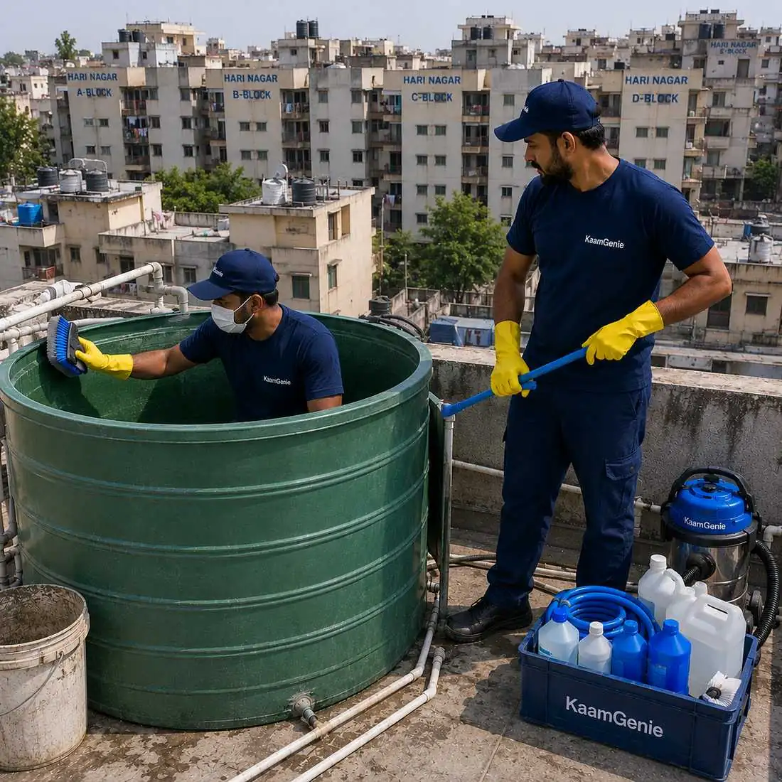 KaamGenie crew cleaning a water tank in Jail Road, West Delhi