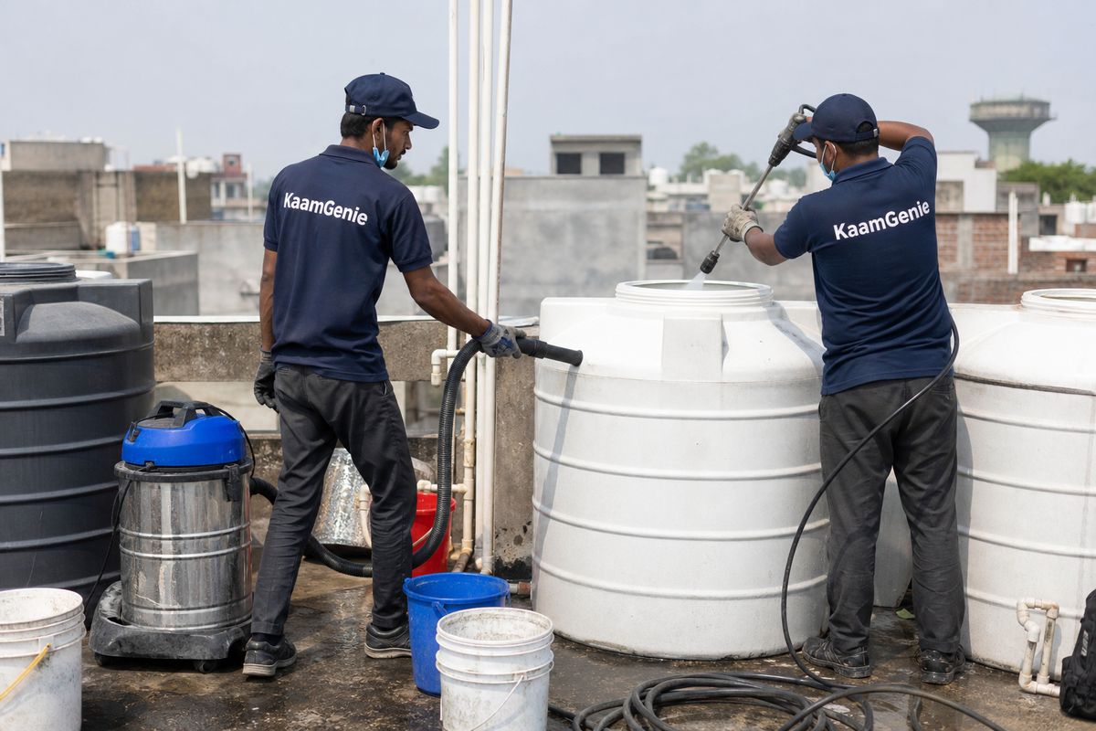 KaamGenie crew cleaning a water tank in Jal Vihar, Delhi