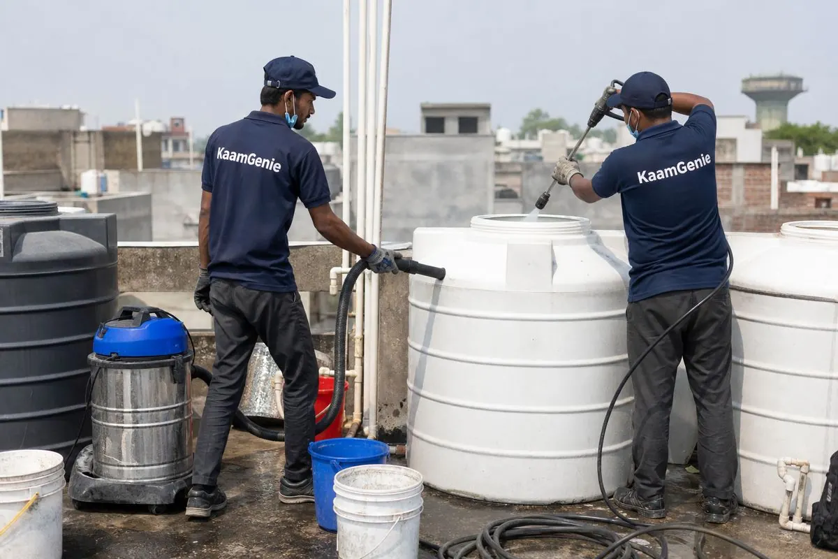KaamGenie crew cleaning a water tank in Jal Vihar, Delhi