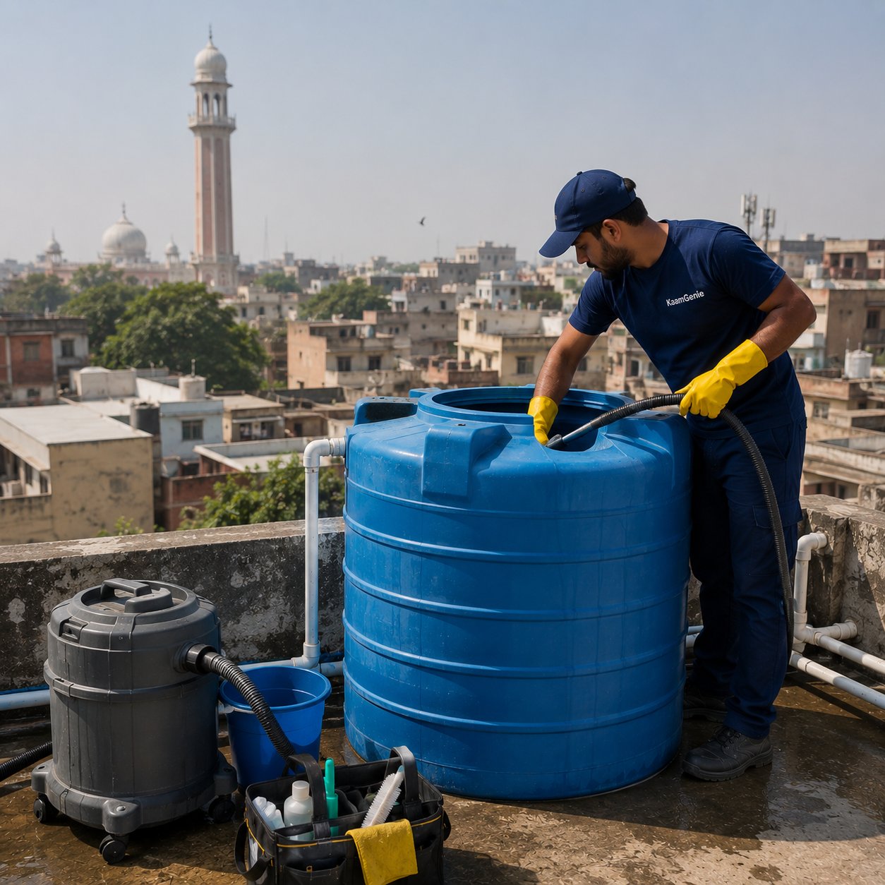 KaamGenie crew member cleaning a plastic overhead water tank on a 4-storey Jamia Nagar residential building near Jamia Millia Islamia