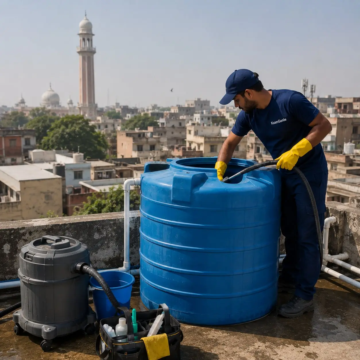 KaamGenie crew member cleaning a plastic overhead water tank on a 4-storey Jamia Nagar residential building near Jamia Millia Islamia