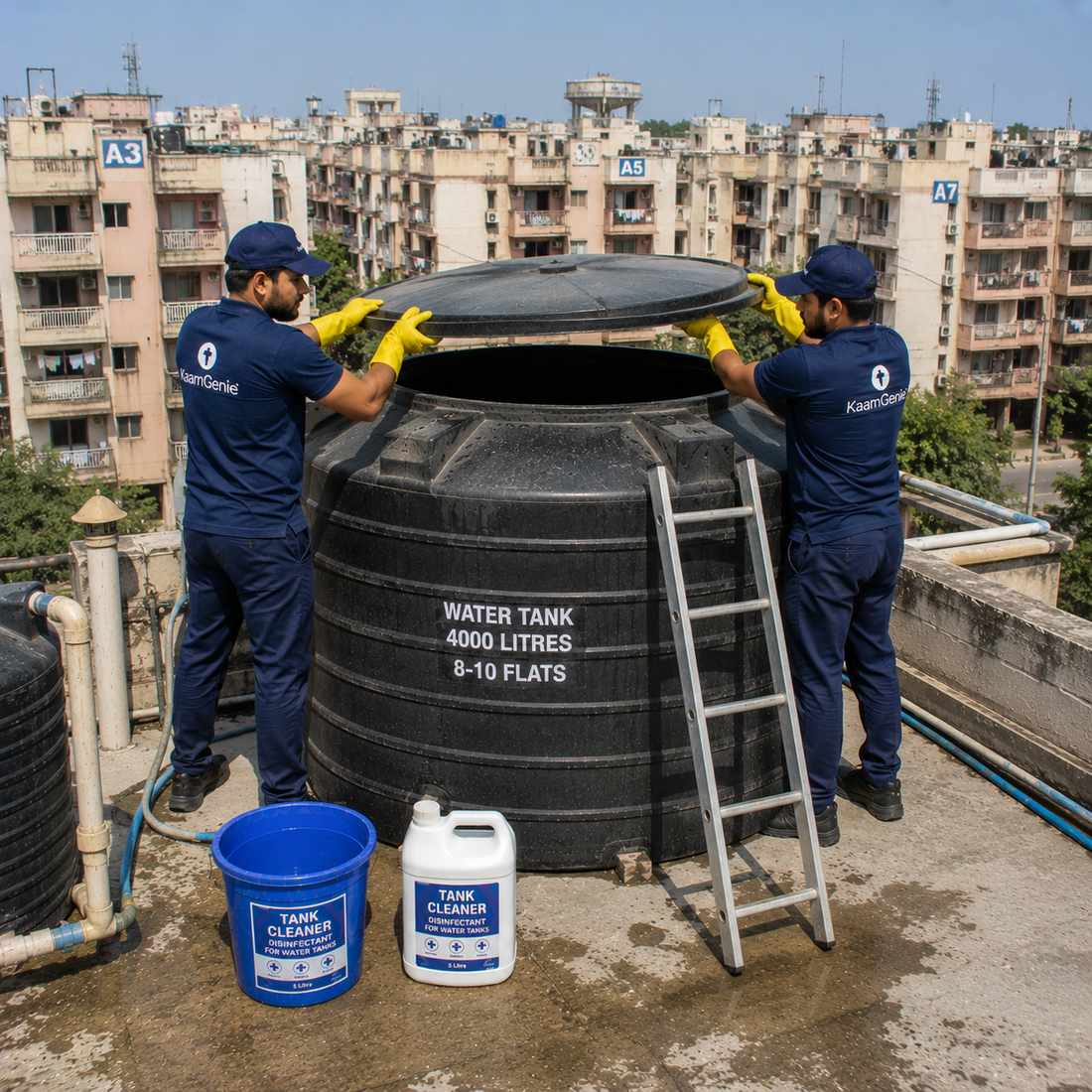 KaamGenie crew cleaning a water tank in Janakpuri A Block, West Delhi