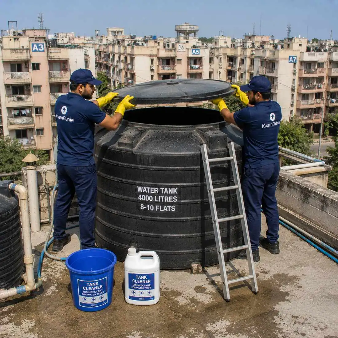 KaamGenie crew cleaning a water tank in Janakpuri A Block, West Delhi