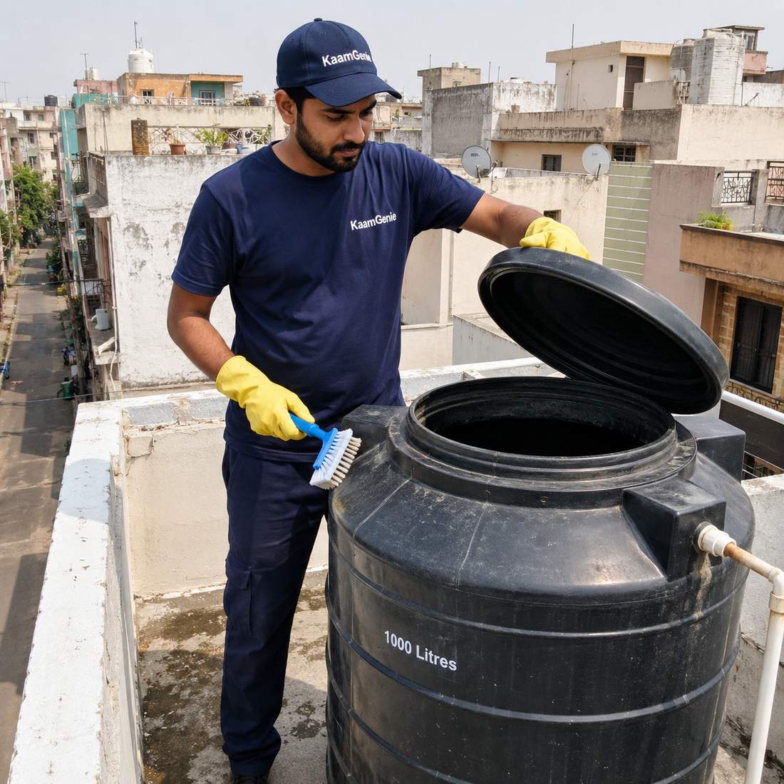 KaamGenie crew cleaning a water tank in Janakpuri B Block, West Delhi