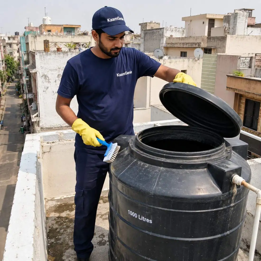 KaamGenie crew cleaning a water tank in Janakpuri B Block, West Delhi