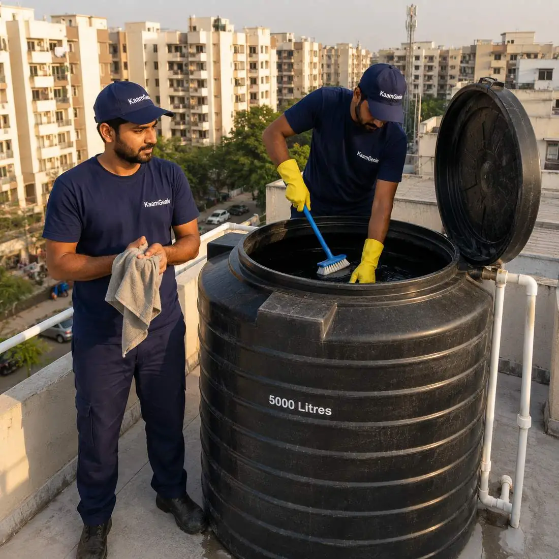 KaamGenie crew cleaning a water tank in Janakpuri C Block, West Delhi