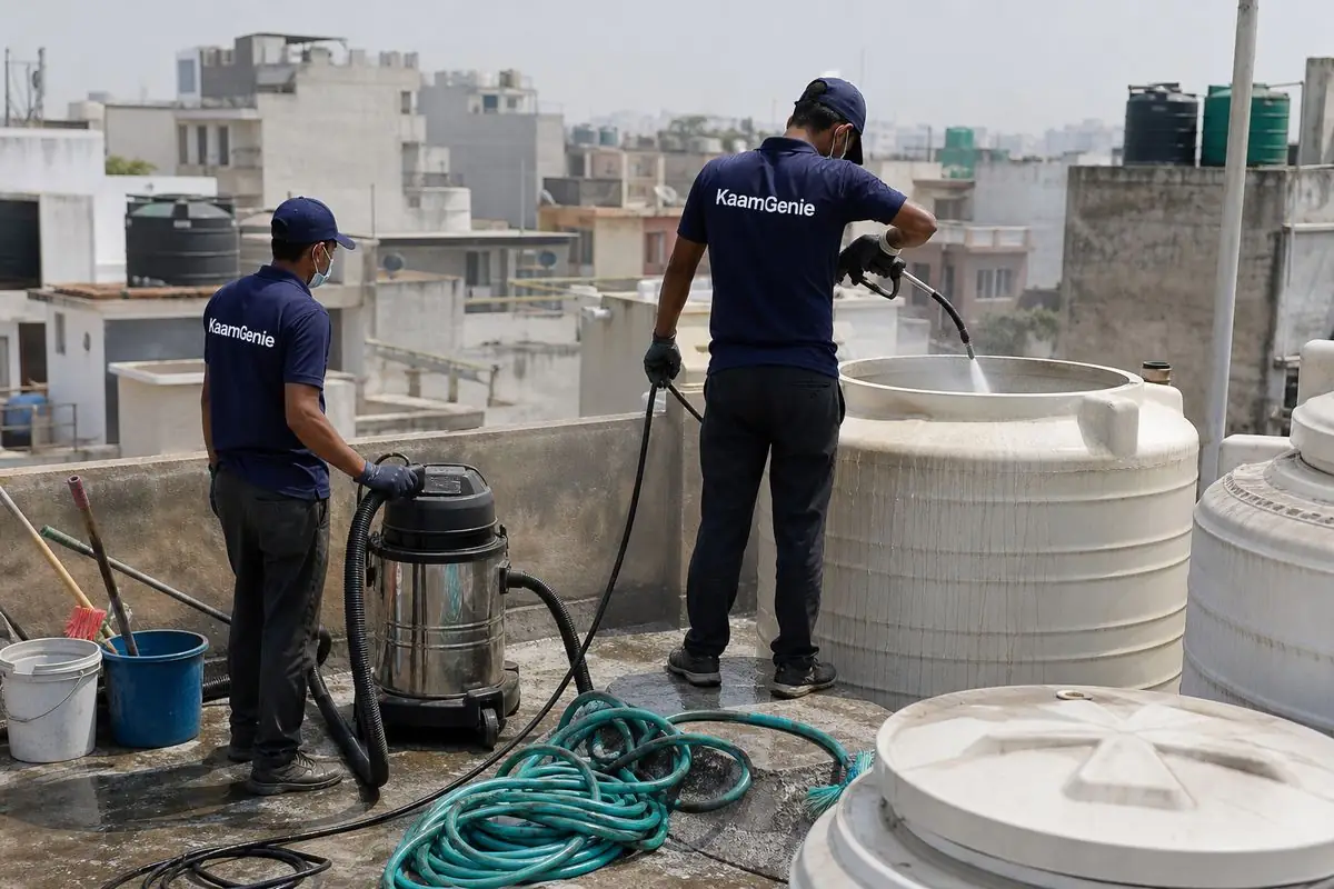 KaamGenie crew cleaning a water tank in Jangpura, Delhi