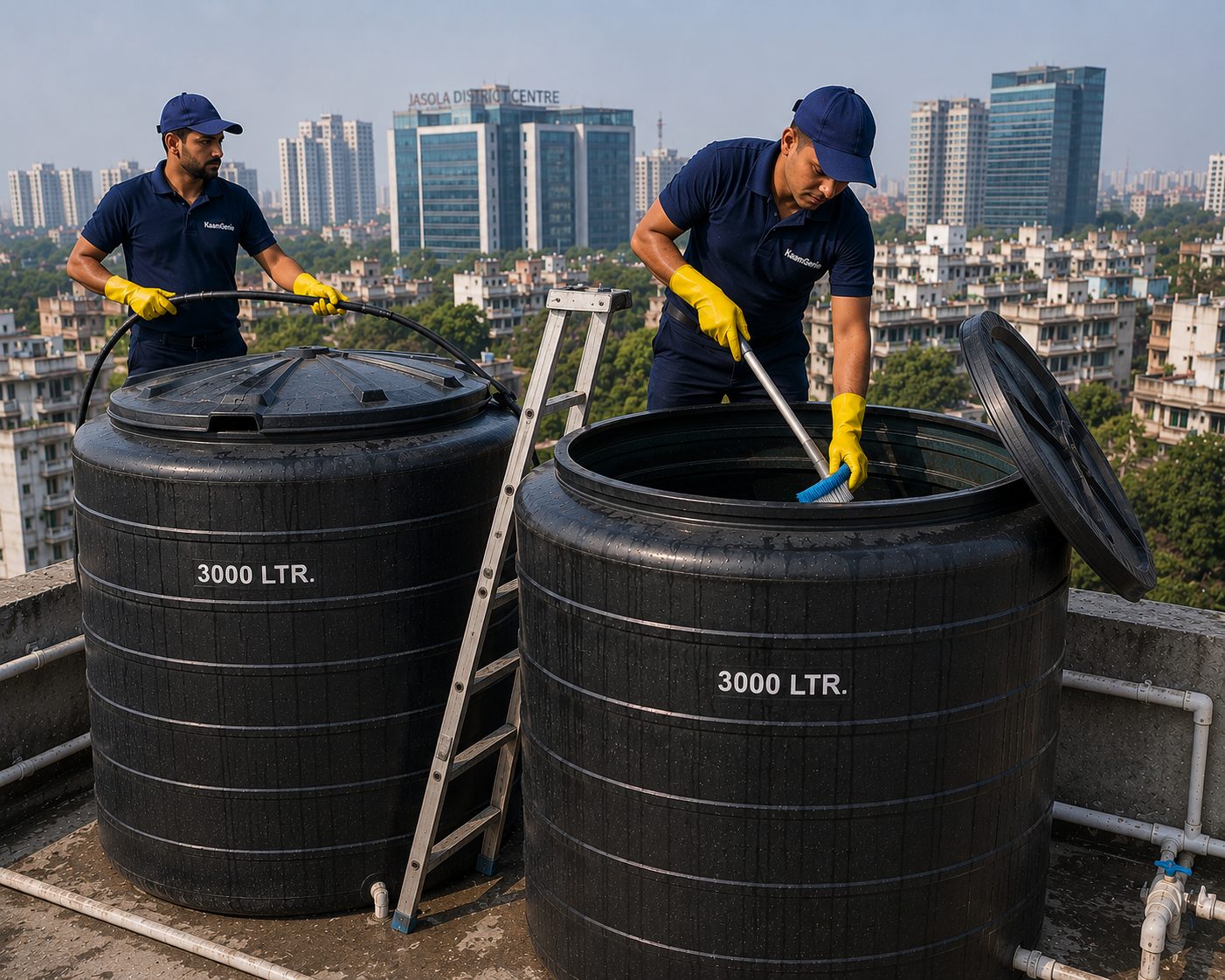 KaamGenie crew cleaning a large shared overhead water tank on a Jasola apartment building rooftop in South Delhi
