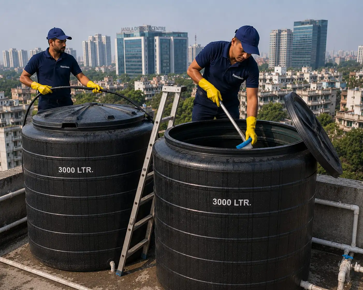 KaamGenie crew cleaning a large shared overhead water tank on a Jasola apartment building rooftop in South Delhi