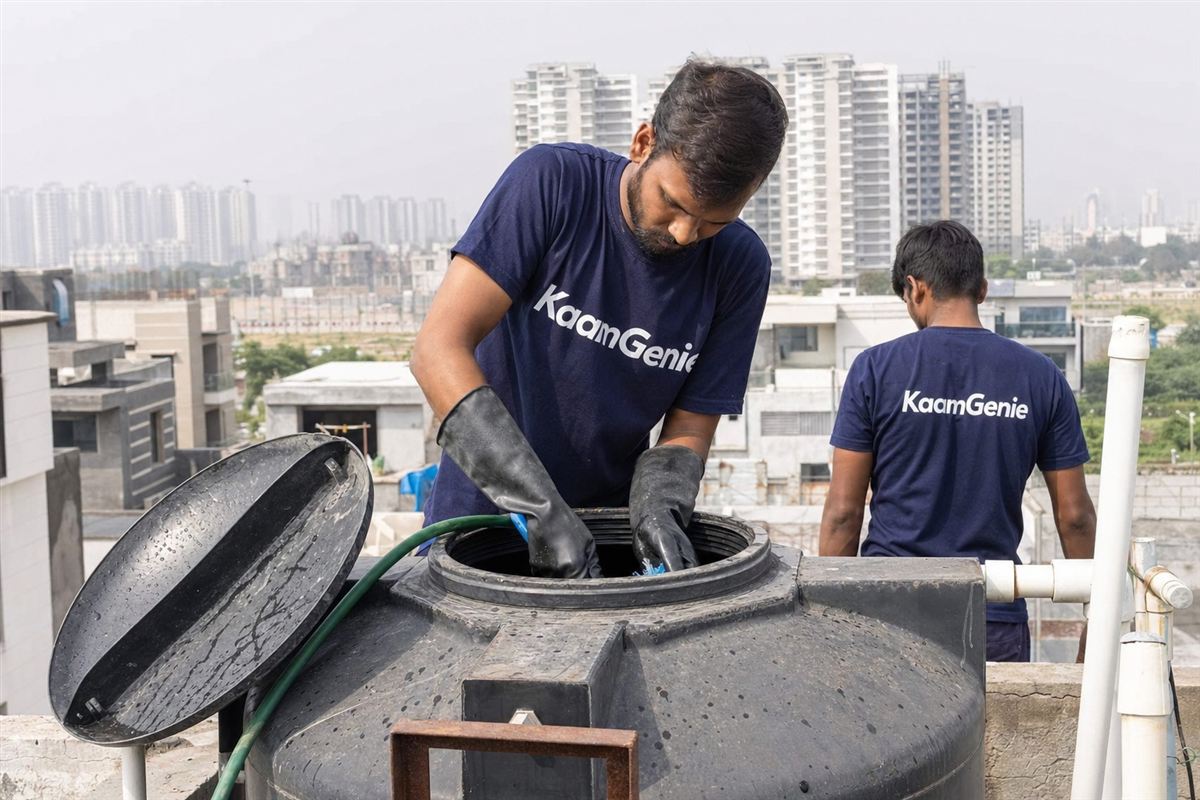 A KaamGenie worker in a navy shirt cleaning a rooftop water tank on a new building in the YEIDA airport belt