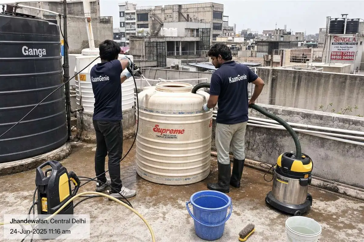KaamGenie crew cleaning a water tank in Jhandewalan, Delhi