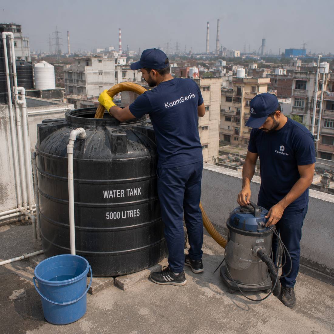 KaamGenie crew cleaning a water tank in Jhilmil Tahirpur, East Delhi
