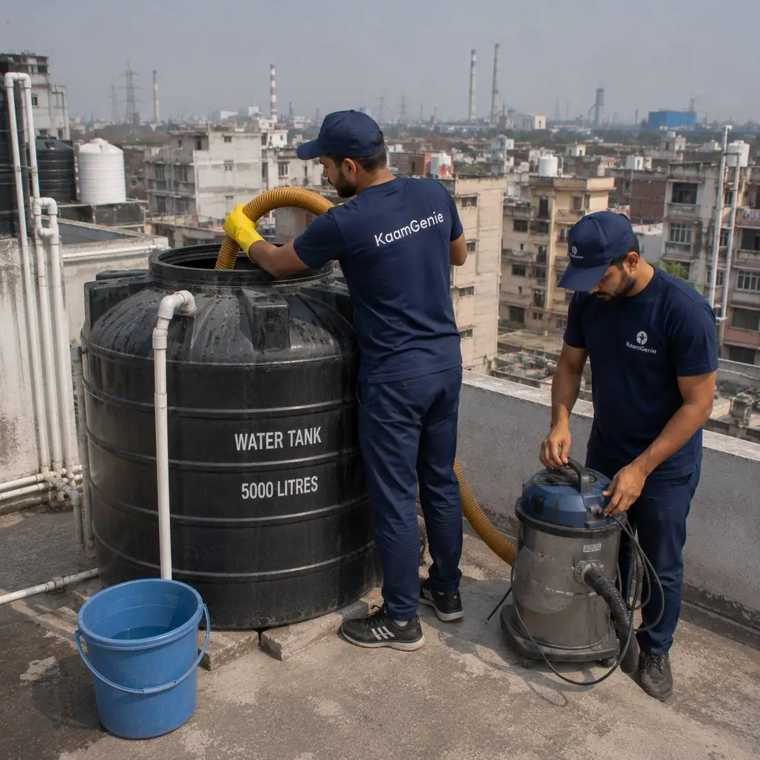KaamGenie crew cleaning a water tank in Jhilmil Tahirpur, East Delhi