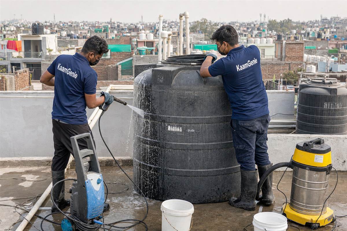 KaamGenie crew cleaning a water tank in Jonapur, Delhi