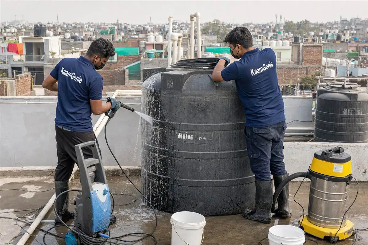 KaamGenie crew cleaning a water tank in Jonapur, Delhi