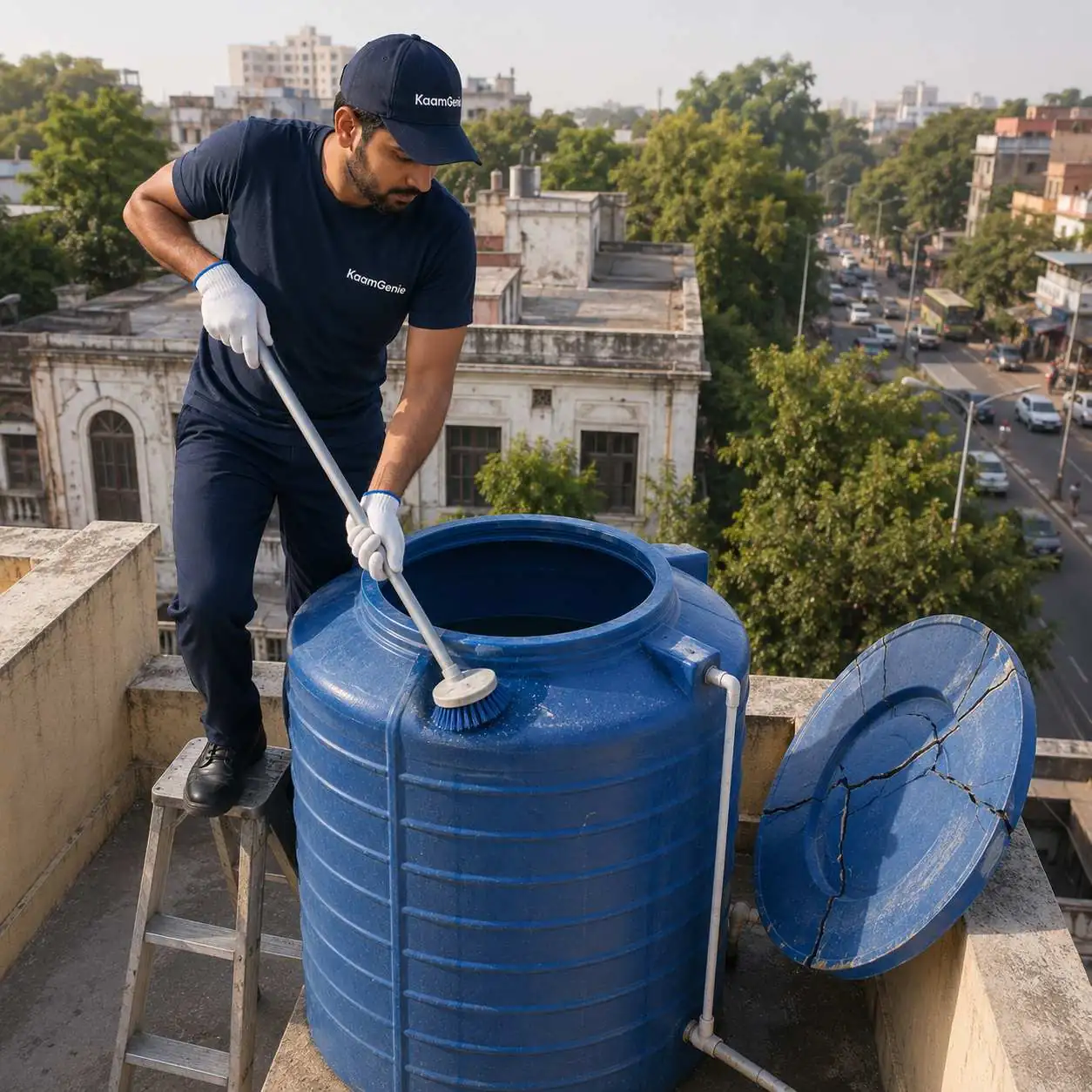 KaamGenie crew cleaning an overhead water tank on a Jungpura rooftop in South Delhi