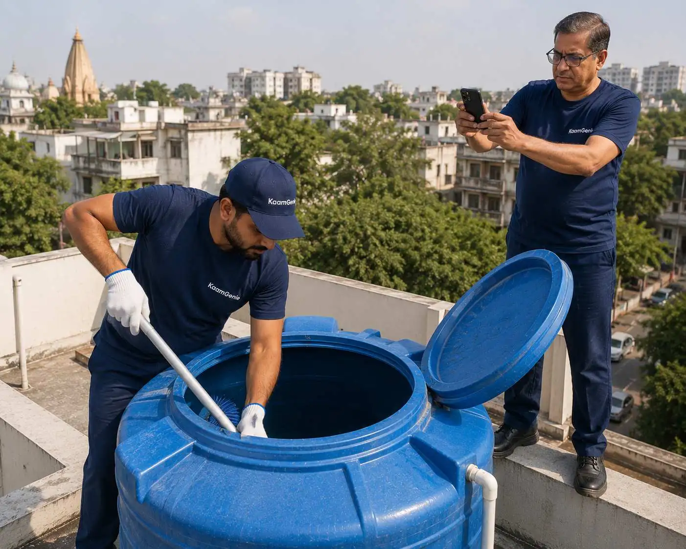 KaamGenie crew cleaning an overhead water tank on a Kailash Colony rooftop in South Delhi