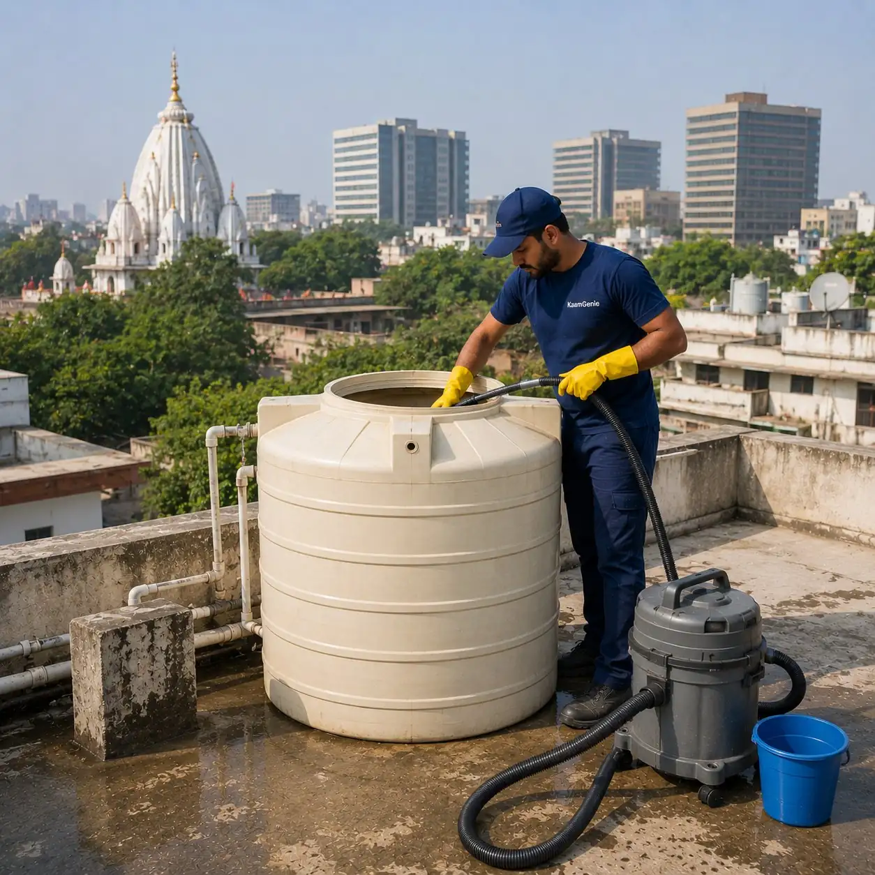 KaamGenie crew cleaning a 1000-litre overhead water tank on a Kalkaji DDA flat rooftop