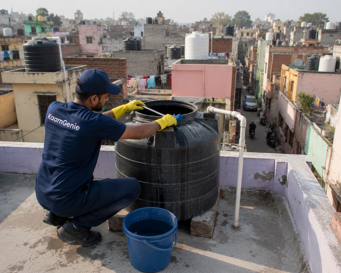 KaamGenie crew cleaning a water tank in Kalyanpuri, East Delhi