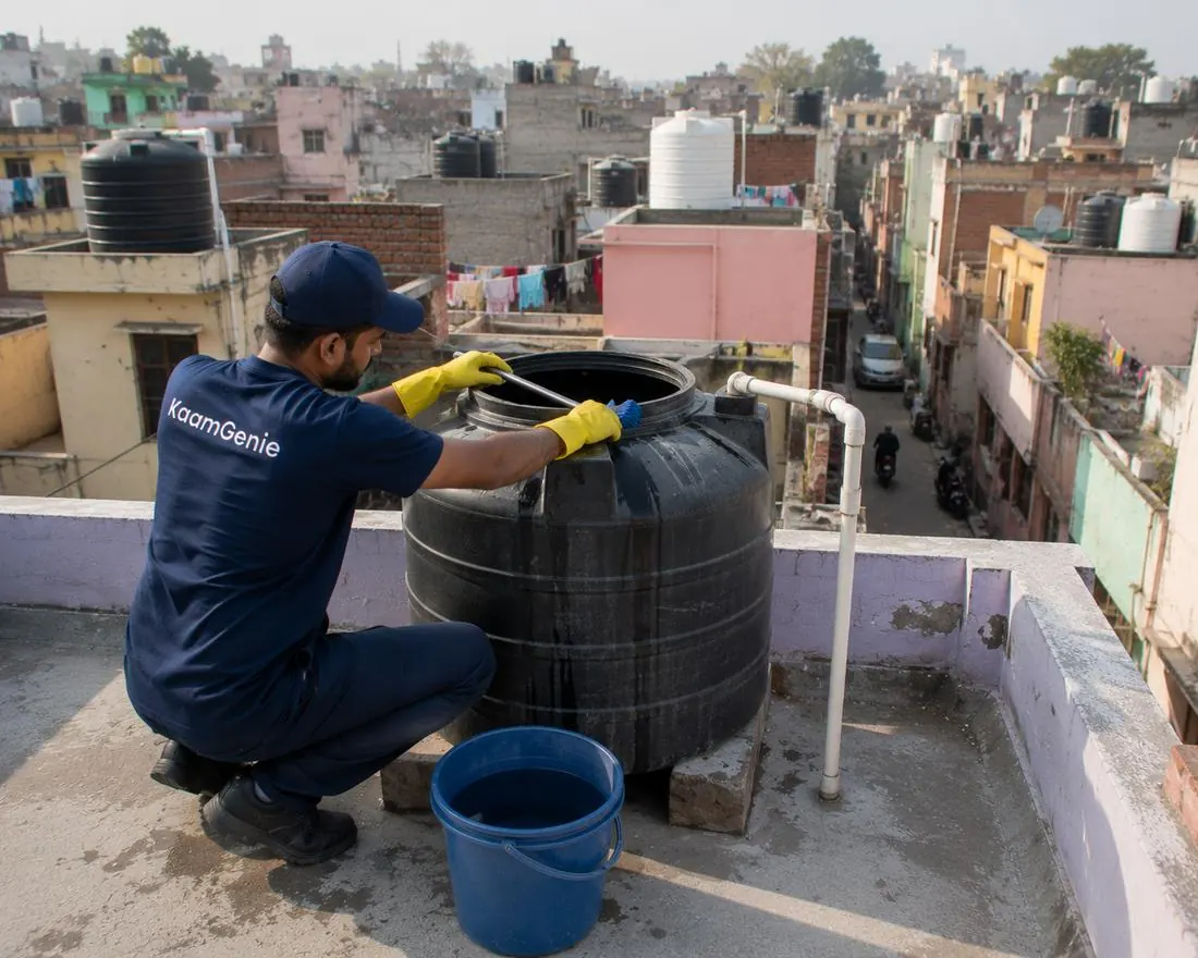 KaamGenie crew cleaning a water tank in Kalyanpuri, East Delhi