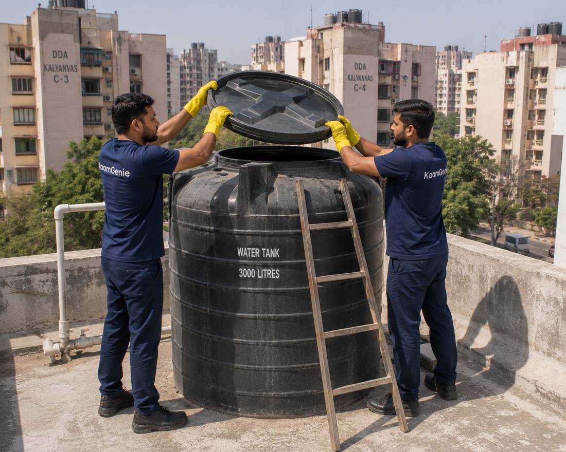 KaamGenie crew cleaning a water tank in Kalyanvas, East Delhi