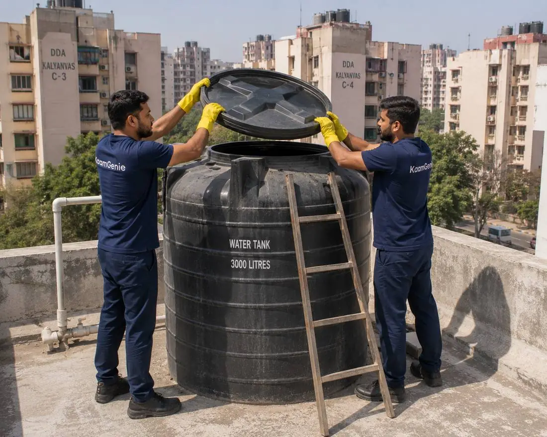 KaamGenie crew cleaning a water tank in Kalyanvas, East Delhi