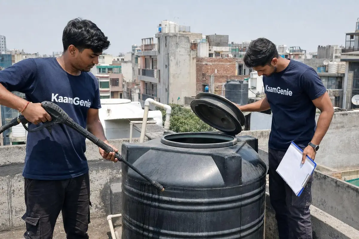 KaamGenie crew cleaning a water tank in Kamla Nagar, North Delhi