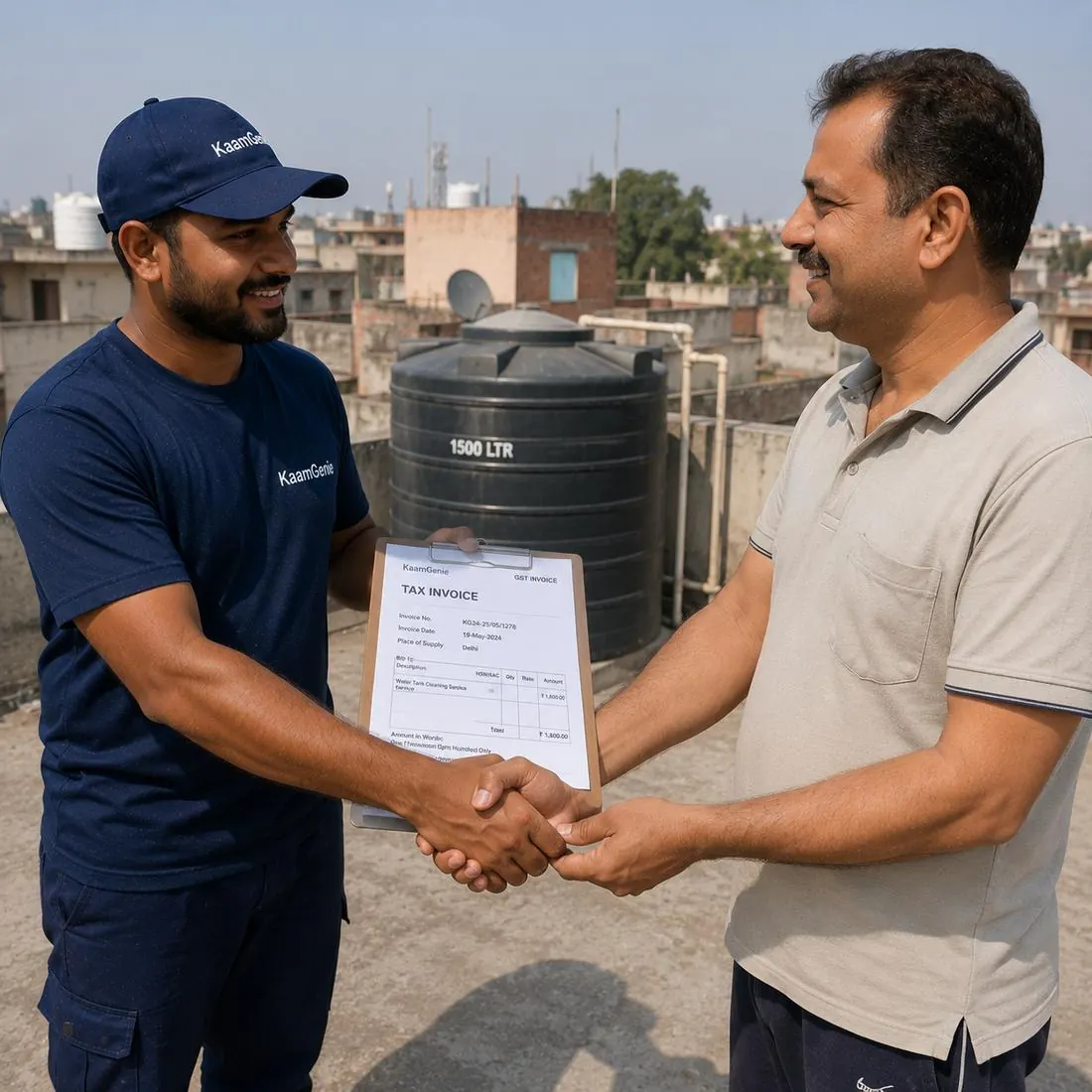 KaamGenie crew cleaning a water tank in Kanjhawla, West Delhi