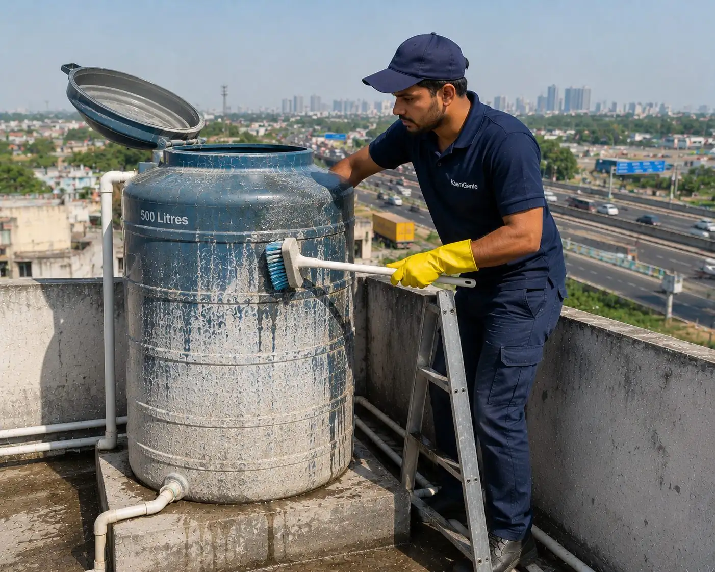 KaamGenie crew cleaning a water tank in Kapashera, South Delhi