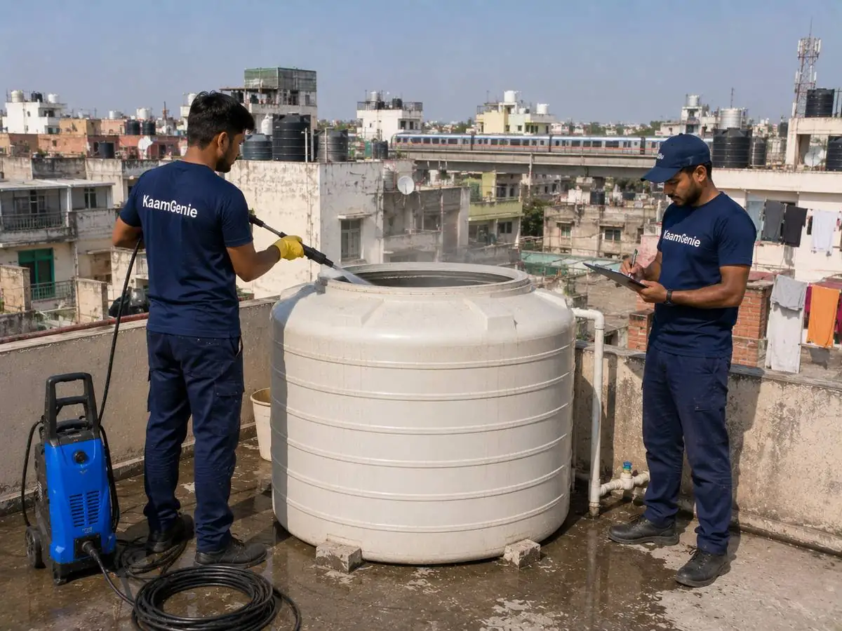 KaamGenie crew cleaning a water tank in Karam Pura, West Delhi