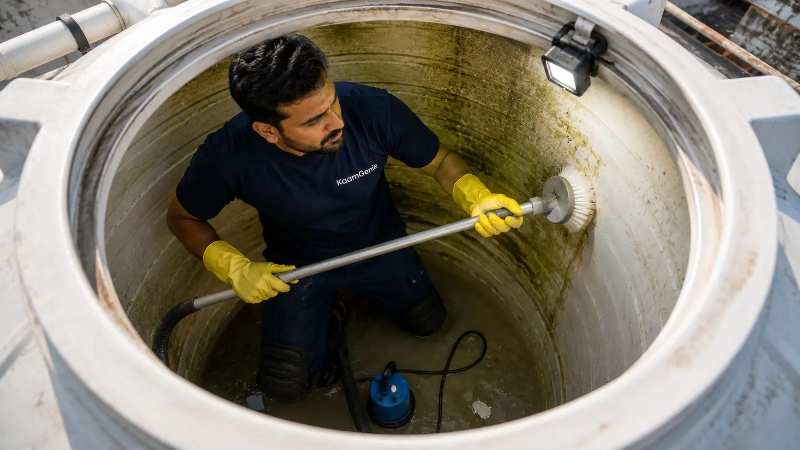 KaamGenie crew cleaning a water tank in Karawal Nagar, East Delhi