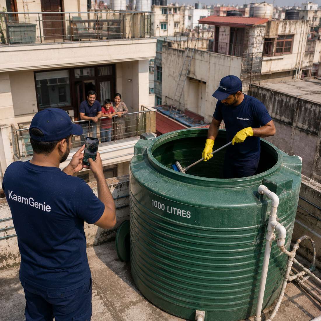 KaamGenie crew cleaning a water tank in Karol Bagh, West Delhi