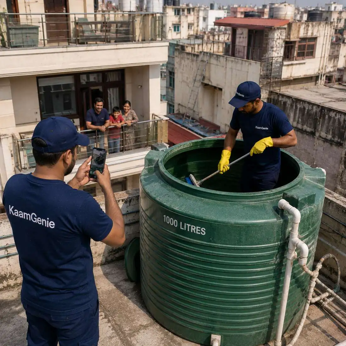KaamGenie crew cleaning a water tank in Karol Bagh, West Delhi