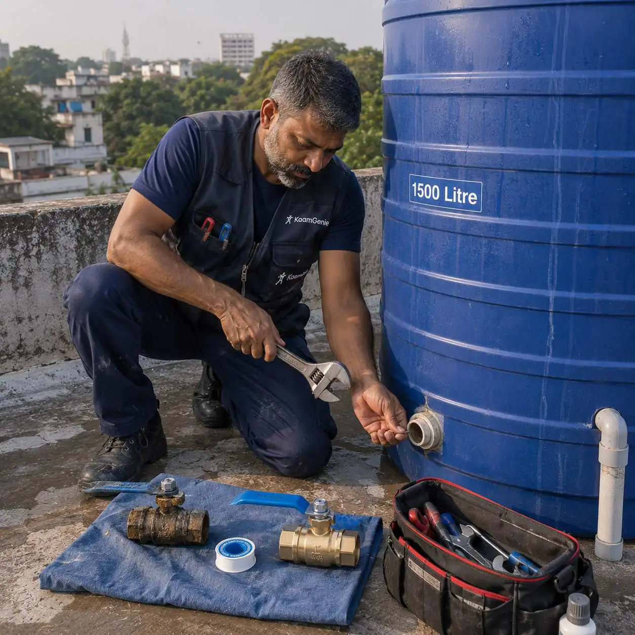KaamGenie crew cleaning an overhead water tank on a Kasturba Nagar rooftop in South Delhi