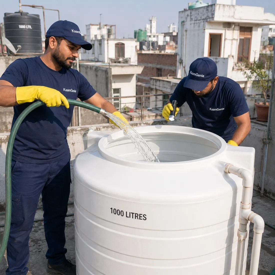 KaamGenie crew cleaning a water tank in Keshavpuram, West Delhi