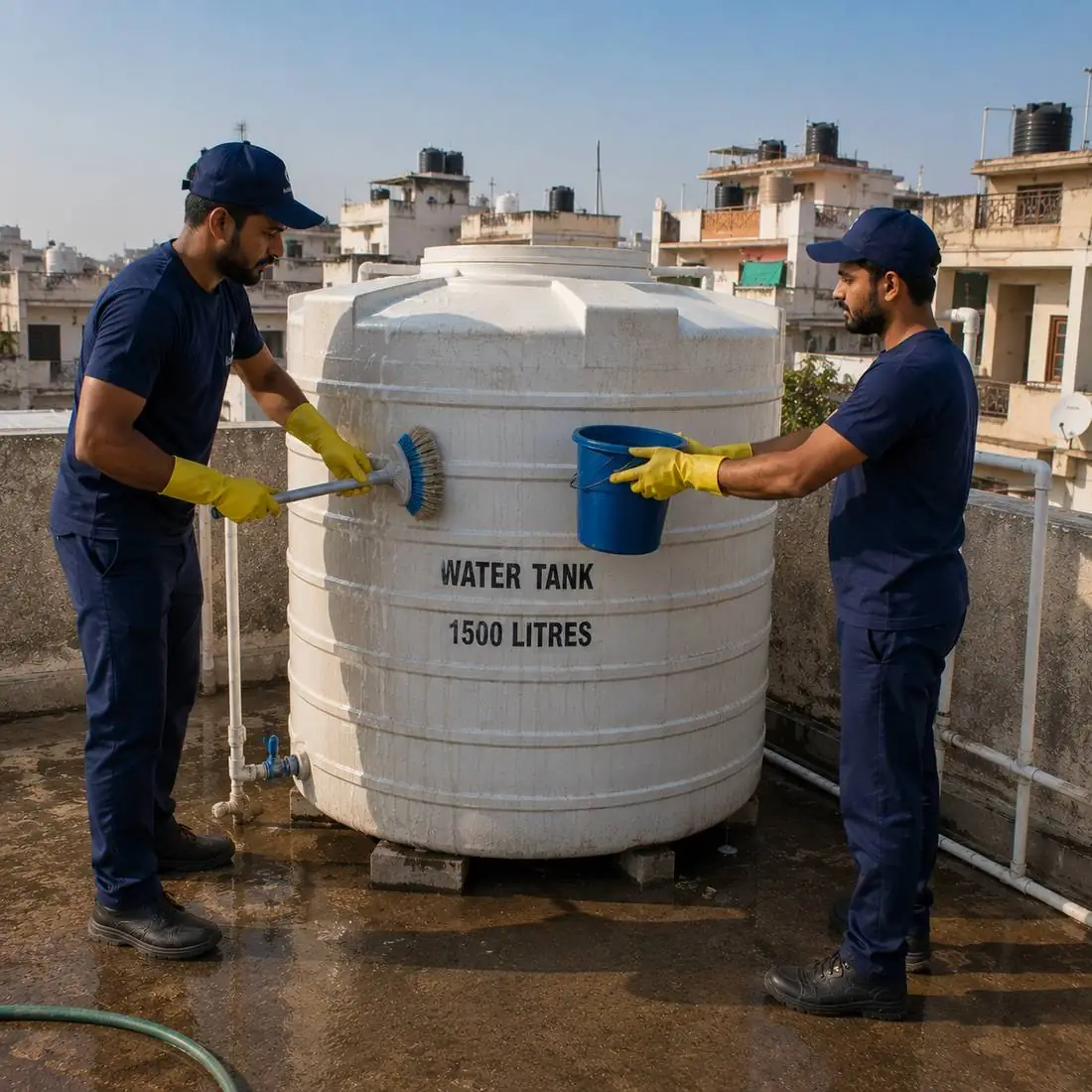 KaamGenie crew cleaning a water tank in Khajoori Khas, East Delhi
