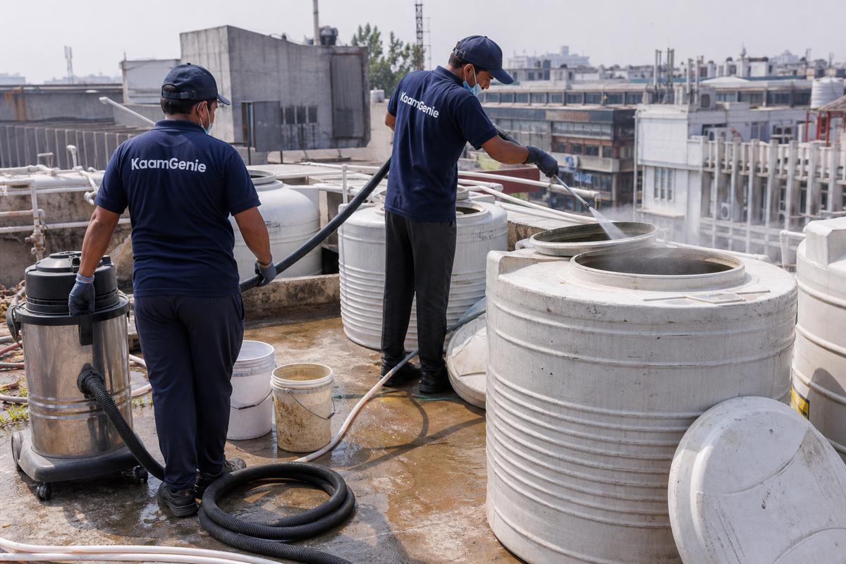 KaamGenie crew cleaning a water tank in Khan Market, Delhi