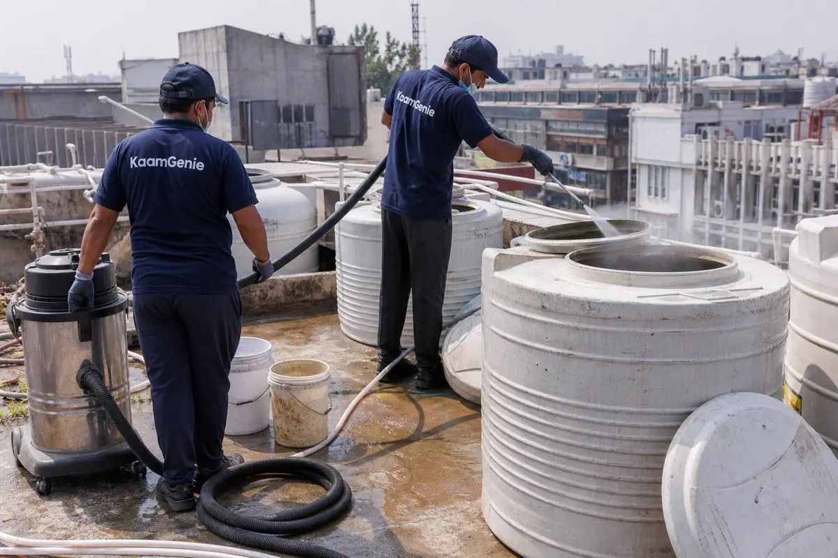 KaamGenie crew cleaning a water tank in Khan Market, Delhi